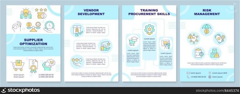 Sourcing strategies in procurement blue brochure template. Leaflet design with linear icons. Editable 4 vector layouts for presentation, annual reports. Arial-Black, Myriad Pro-Regular fonts used. Sourcing strategies in procurement blue brochure template