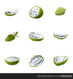 Soursop icon set. Cartoon set of 9 soursop vector icons for web design isolated on white background. Soursop icon set, cartoon style