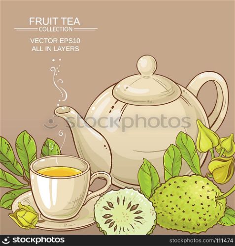 soursop tea vector background. soursop tea in teapot and cup of tea on color background