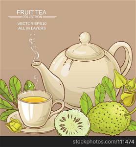 soursop tea vector background. soursop tea in teapot and cup of tea on color background