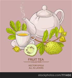 soursop tea vector illustration. soursop tea in teapot and cup of tea on color background