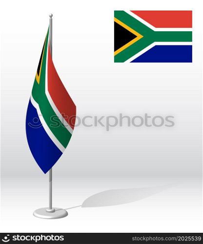 SOUTH AFRICA flag on flagpole for registration of solemn event, meeting foreign guests. National independence day of SOUTH AFRICA. Realistic 3D vector on white