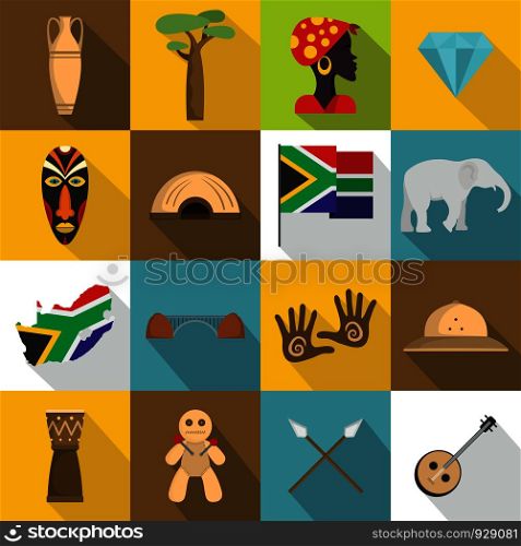 South Africa travel icons set. Flat illustration of 16 South Africa travel vector icons for web. South Africa travel icons set, flat style