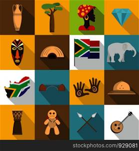 South Africa travel icons set. Flat illustration of 16 South Africa travel vector icons for web. South Africa travel icons set, flat style