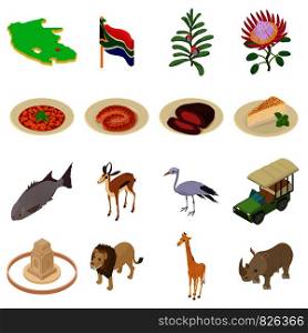 South Africa travel icons set. Isometric illustration of 16 South Africa travel vector icons for web. South Africa travel icons set, isometric style