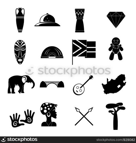 South Africa travel icons set. Simple illustration of 16 South Africa travel vector icons for web. South Africa travel icons set, simple style