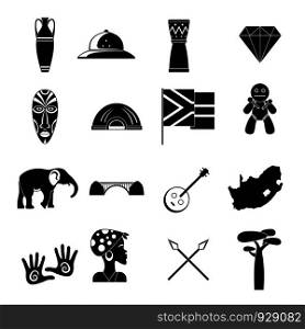 South Africa travel icons set. Simple illustration of 16 South Africa travel vector icons for web. South Africa travel icons set, simple style