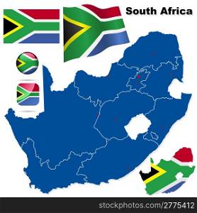 South Africa vector set. Detailed country shape with region borders, flags and icons isolated on white background.