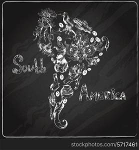 South america chalkboard hand drawn concept with continent shape and travel symbols vector illustration