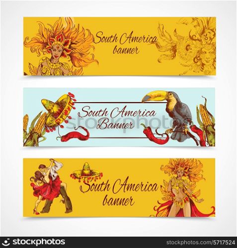 South america colored hand drawn banners set with travel symbols isolated vector illustration