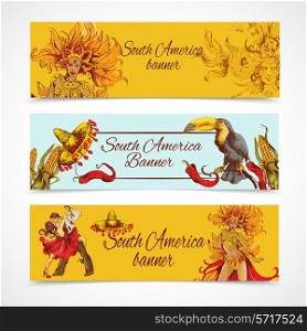 South america colored hand drawn banners set with travel symbols isolated vector illustration