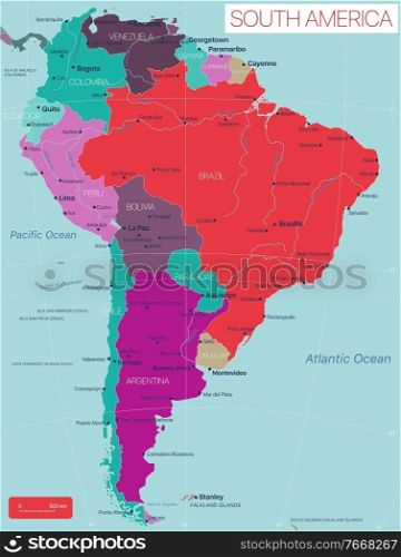 South America detailed editable map with countries capitals cities and towns, geographic sites. Vector EPS-10 file. South America country detailed editable map