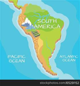 South America Map with Natural Attractions. South America isometric map with natural attractions. Cartography nature concept. Geographical map with local relief. North America continent between Pacific and Atlantic ocean. Vector illustration