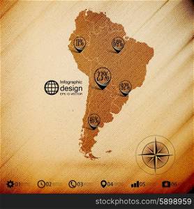 South America map, wooden design background, infographics vector illustration.