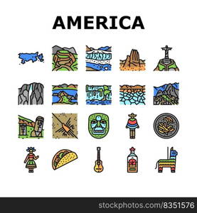 South America Scape And Tradition Icons Set Vector. South America Antique Mask And Guitar, Tequila Alcoholic Drink And Taco Food, Machu Picchu And Iguazu Falls, Desert And Lake Color Illustrations. South America Scape And Tradition Icons Set Vector