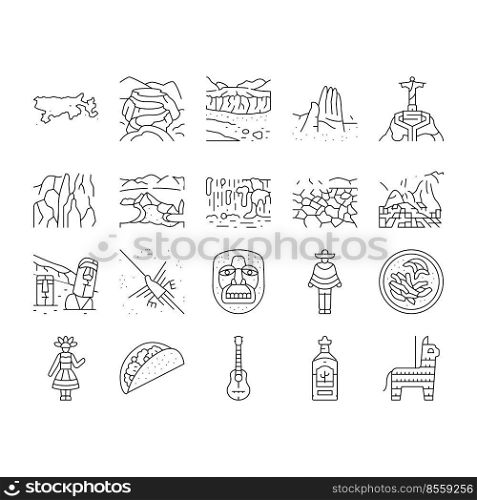 South America Scape And Tradition Icons Set Vector. South America Antique Mask And Guitar, Tequila Alcoholic Drink Ad Taco Food, Machu Picchu Iguazu Falls, Desert And Lake Black Contour Illustrations. South America Scape And Tradition Icons Set Vector