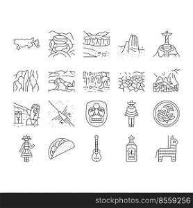 South America Scape And Tradition Icons Set Vector. South America Antique Mask And Guitar, Tequila Alcoholic Drink Ad Taco Food, Machu Picchu Iguazu Falls, Desert And Lake Black Contour Illustrations. South America Scape And Tradition Icons Set Vector