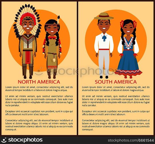 South and North America people, culture and customs represented by man wearing hat and white costume and woman in dress vector national ethics. South and North America People Culture and Customs