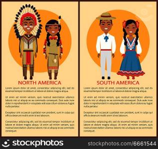 South and North America people, culture and customs represented by man wearing hat and white costume and woman in dress vector national ethics. South and North America People Culture and Customs