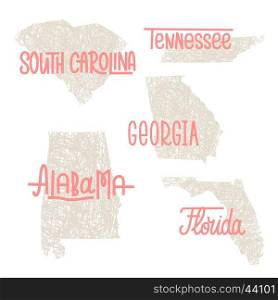 South Carolina, Tennessee, Georgia, Alabama, Florida USA state outline art with custom lettering for prints and crafts. United states of America wall art of individual states