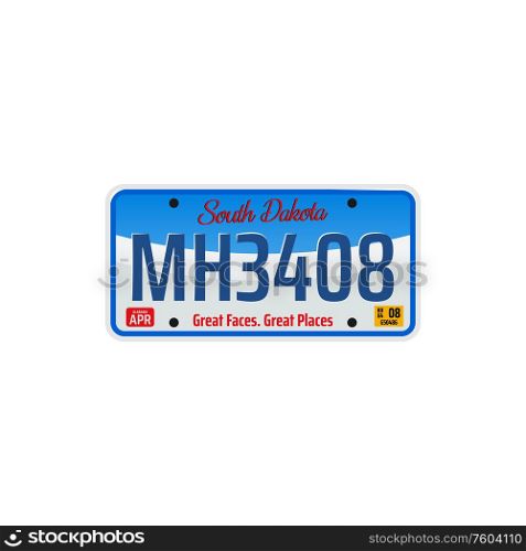 South Dakota car registration sign isolated vehicle plate number. Vector USA automobile or motorcycle license. Car registration plate of South Dakota USA state