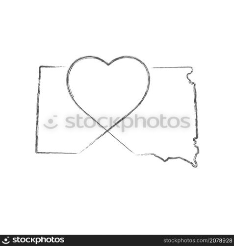 South Dakota US state hand drawn pencil sketch outline map with heart shape. Continuous line drawing of patriotic home sign. A love for a small homeland. T-shirt print idea. Vector illustration.. South Dakota US state hand drawn pencil sketch outline map with the handwritten heart shape. Vector illustration