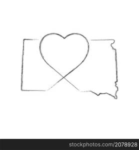 South Dakota US state hand drawn pencil sketch outline map with heart shape. Continuous line drawing of patriotic home sign. A love for a small homeland. T-shirt print idea. Vector illustration.. South Dakota US state hand drawn pencil sketch outline map with the handwritten heart shape. Vector illustration