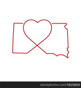 South Dakota US state red outline map with the handwritten heart shape. Continuous line drawing of patriotic home sign. A love for a small homeland. T-shirt print idea. Vector illustration.. South Dakota US state red outline map with the handwritten heart shape. Vector illustration