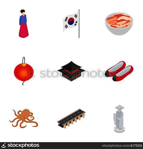 South Korea cultural elements icons set. Isometric 3d illustration of 9 South Korea cultural elements vector icons for web. South Korea cultural elements icons set