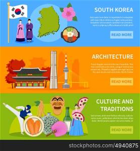 .South Korea Culure Flat Banners Design . South korea culture traditions architecture and sightseeing for tourists 3 flat banners website design isolated vector illustration