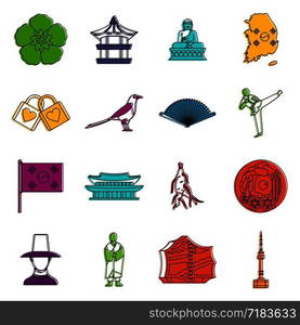 South Korea icons set. Doodle illustration of vector icons isolated on white background for any web design. South Korea icons doodle set