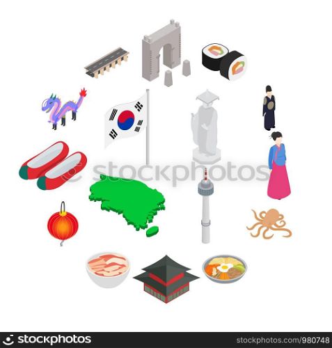 South Korea icons set in isometric 3d style isolated on white background. South Korea icons set, isometric 3d style