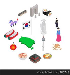 South Korea icons set in isometric 3d style isolated on white background. South Korea icons set, isometric 3d style
