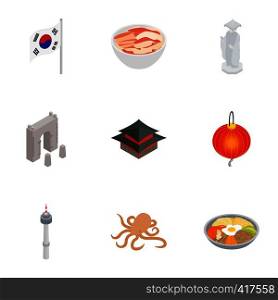 South Korea icons set. Isometric 3d illustration of 9 South Korea vector icons for web. South Korea icons set, isometric 3d style