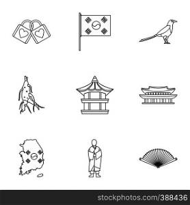 South Korea icons set. Outline illustration of 9 South Korea vector icons for web. South Korea icons set, outline style