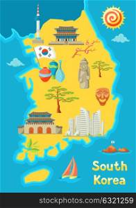 South Korea map design. Korean traditional symbols and objects. South Korea map design. Korean traditional symbols and objects.