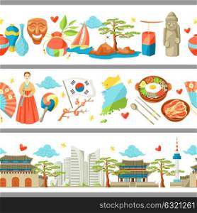 South Korea seamless borders. Korean traditional symbols and objects. South Korea seamless borders. Korean traditional symbols and objects.