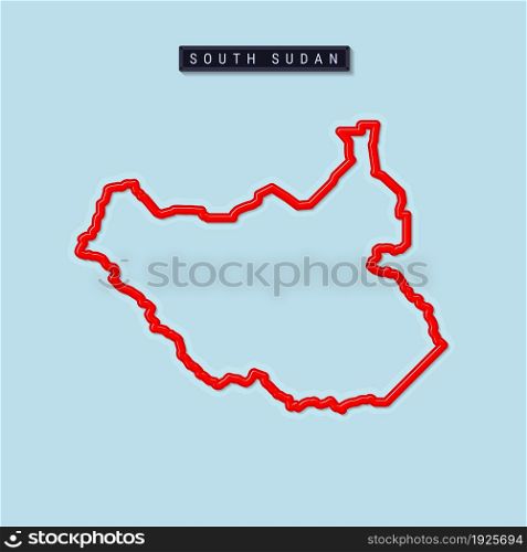 South Sudan bold outline map. Glossy red border with soft shadow. Country name plate. Vector illustration.. South Sudan bold outline map. Vector illustration