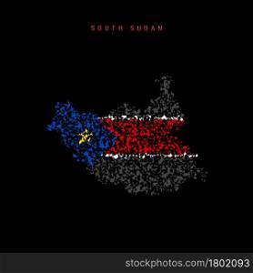 South Sudan flag map, chaotic particles pattern in the colors of the South Sudanese flag. Vector illustration isolated on black background.. South Sudan flag map, chaotic particles pattern in the South Sudanese flag colors. Vector illustration