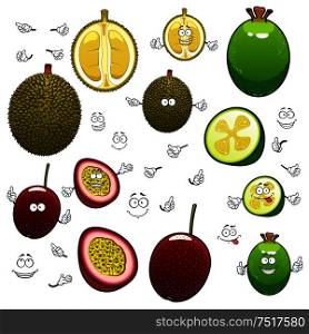 Southeast asian exotic fruits cartoon characters of whole and halves green feijoa, purple passionfruit and spiny durian with happy faces. Tropical cocktail menu or vegetarian dessert recipe design. Exotic cartoon feijoa, durian and maracuya fruits