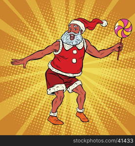 Southern Santa Claus dancing with lollipop, pop art retro comic book vector illustration. New year and Christmas holiday party