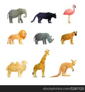 Southern Wild Animals Polygonal Icons Set. Southern wild animals polygonal icons set with giraffe kangaroo lion camel and pink flamingo isolated vector illustration