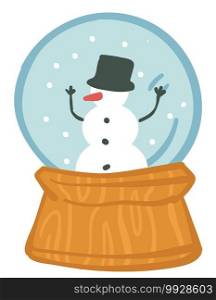 Souvenir or toy for christmas holidays, snowball with snowfall and snowman with carrot nose and hat. Decoration for xmas winter celebration, embellishment for new year eve. Vector in flat style. Snowball with snowfall and snowman, xmas holidays toy