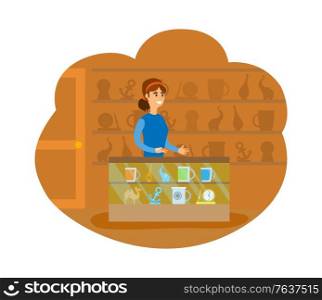 Souvenir shop with toys and items, gifts from vacation. Shelf with cup and watch clock, market with trivia, camel and elephant statue isolated. Vector illustration in flat cartoon style. Gift Shop Person Working in Souvenir Store Isolated