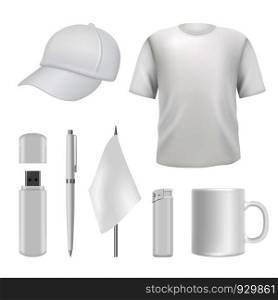 Souvenirs templates. Promotional branding gifts empty elements. Blank business identity on white. Vector business souvenir cup and cap, t-shirt and flash drive illustration. Souvenirs templates. Promotional branding gifts empty elements. Blank business identity on white