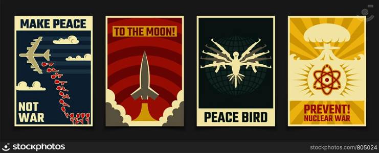 Soviet anti war, peaceful propaganda vector vintage posters. Illustration of peace bird, rocket to moon. Soviet anti war, peaceful propaganda vector vintage posters