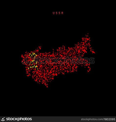 Soviet Union flag map, chaotic particles pattern in the colors of the USSR flag. Vector illustration isolated on black background.. Soviet Union flag map, chaotic particles pattern in the USSR flag colors. Vector illustration