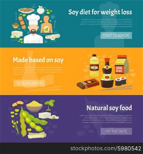 Soy banner set. Soy food horizontal banner set with natural diet products isolated vector illustration