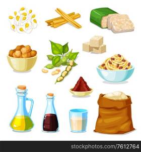 Soy bean food product vector set with legume soybeans, tofu and tempeh, oil, sauce and milk. Vegetarian soya meat skin, flour bag and noodle bowl, miso paste, meatball and sprouted soy beans with pods. Soy bean products of soybean legume food