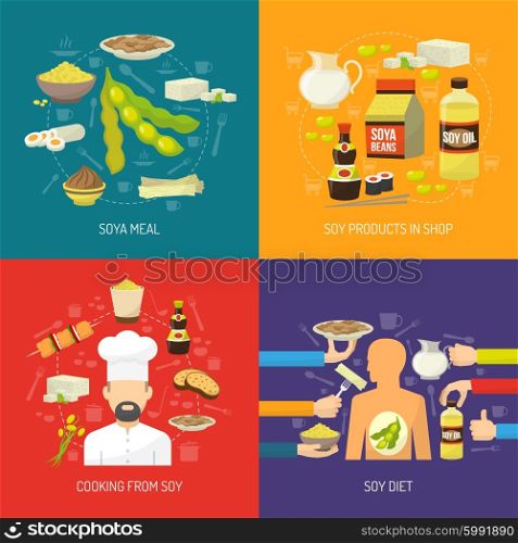 Soy concept set. Soy food design concept set with soya products flat icons isolated vector illustration